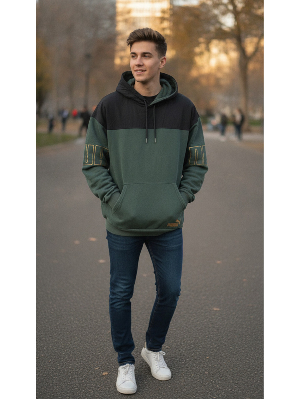 Puma Men's XL Pullover Hoodie Green and Black Colorblock with Logo Print